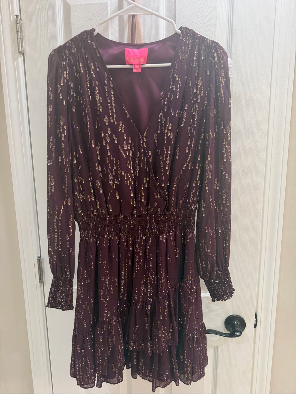 Lilly Pulitzer Christiana silk Plum Purple long-sleeve Dress with Gold Foil